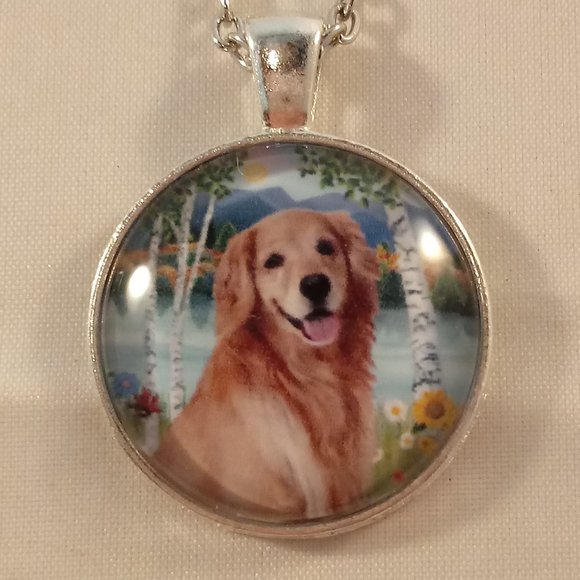 Silver Dog Golden Retriever Cabochon Pendant Chain Necklace Animal Pet Gift - Picture 1 of 3